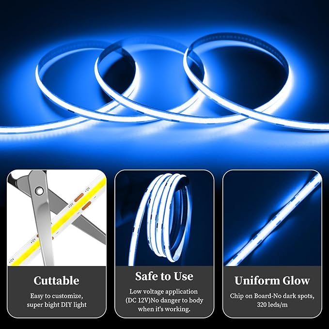 iNextStation COB LED Strip Light Blue 16.4FT 5M, DC12V CRI 93+ Dimmable Flexible LED Tape Lights for Bedroom, Kitchen, TV Backlight, Cupboard, Wardrobe, Home Lighting Decor