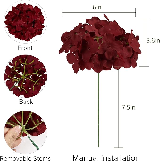 Auihiay 64PCS Burgundy Hydrangea Artificial Flowers, Silk Hydrangea Heads with Stems, Fake Flowers for DIY Wedding Centerpiece, Home, Party, Baby Shower, Garden Decoration (Burgundy)