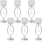 6 Pcs Silver Elegant Metal Crystal Tea Light Candle Holders with Crystal Pendants, Hollow Design - Wedding Table Centerpieces for Anniversary Birthday Party, Home Decor