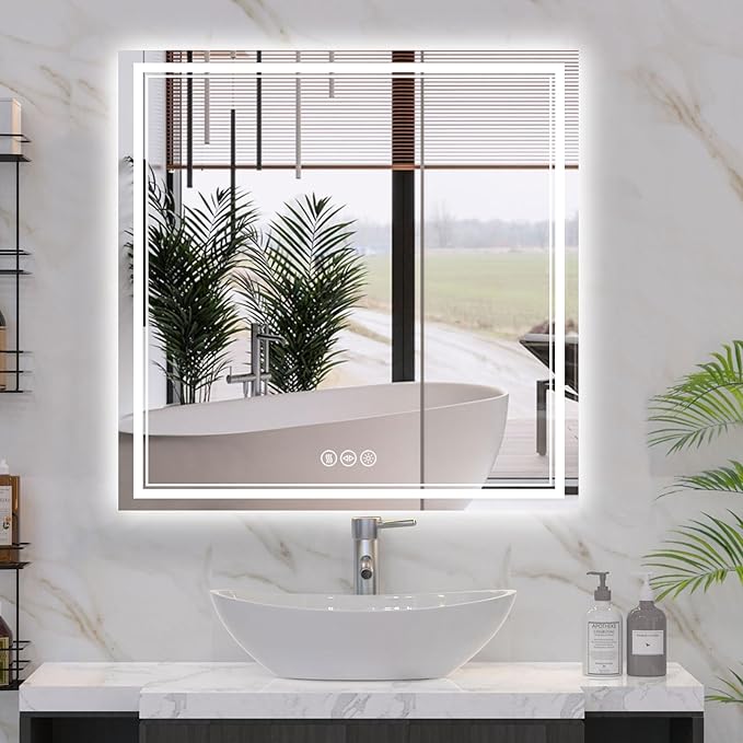 36''x36'' Lighted Mirrors for Bathroom Wall Backlit + Front Lit, Rectangular LED Bathroom Mirror Frameless with Lights Anti Fog, Dimmable, 3 Colors,Tempered Glass, Shatter-Proof