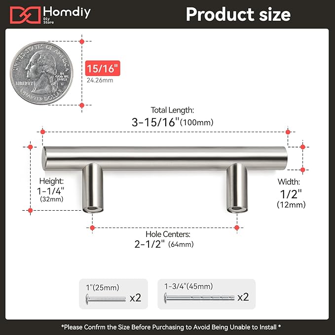 homdiy 5 Pack | Brushed Nickel Cabinet Hardware 2-1/2in Hole Centers Drawer Pulls Kitchen Cupboard Euro T Bar Dresser Pulls 201SN