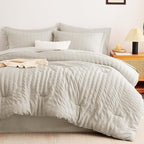 CozyLux Oversized King Comforter Set Beige Seersucker 7 Pieces 120x98 Bed in a Bag Comforter Set with Sheets, Luxury Soft Bedding Sets with Down Alternative Comforter, Sheets, Pillowcases & Shams