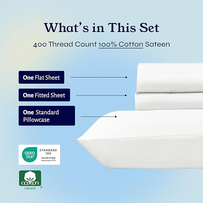 California Design Den Soft Twin Sheets Set - 400 Thread Count Sateen, Natural 100% Cotton Sheets, Deep Pockets, Cooling and Durable Bedding Set for Dorm Rooms & Adults - Ivory (Pale Tone)