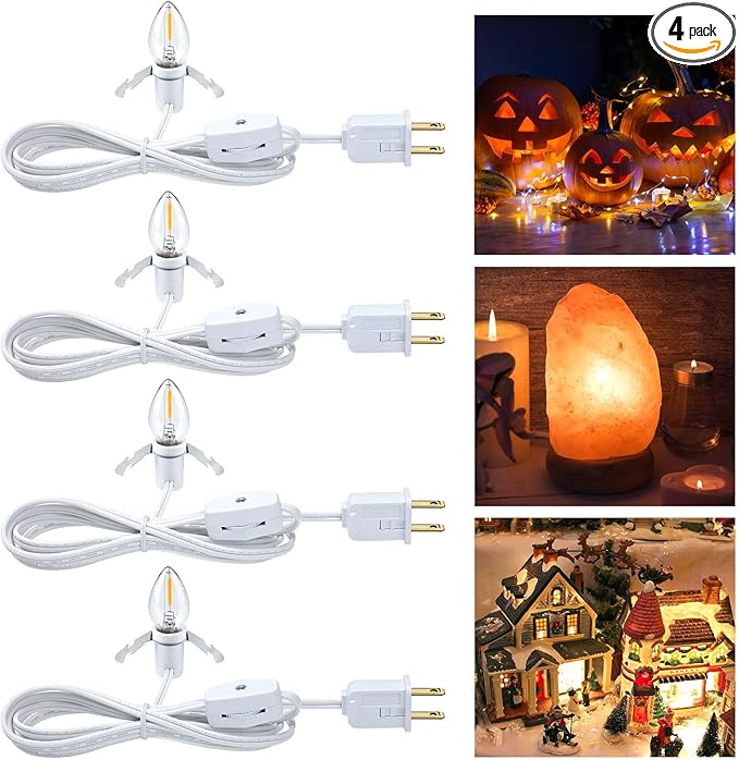 Accessory Cord with Light Bulb UL-Listed White Cord with On/Off Switch Plugs - Perfect for Holiday Decorations and Craft Projects (4 Pack * One Led Bulb)
