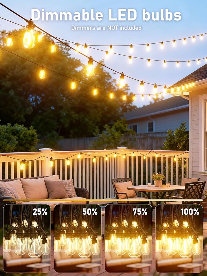 50FT LED Outdoor String Lights with 15 Edison Shatterproof IP65 Waterproof Bulbs, 2700K Dimmable Commercial Grade Patio Lights, Heavy Duty Outside Hanging Lights for Garden Porch Deck Decor