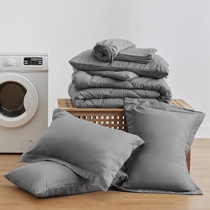 Love's cabin Queen Comforter Set Grey, 7 Pieces Queen Bed in a Bag, All Season Bedding Sets with 1 Comforter, 1 Flat Sheet, 1 Fitted Sheet, 2 Pillowcase and 2 Pillow Sham