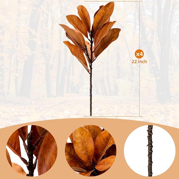 4 Pcs Fall Magnolia Silk Leaves Branches 22 Inch 3D Real Touch Autumn Faux Magnolia Stems Fake Orange Leaves Twigs for Indoor Outdoor Vase Filling Home Wedding Decoration