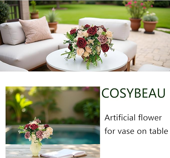 Artificial Fake Flowers 26pcs Roses, Mixed White & Burgundy Faux Flower for DIY Wedding Bouquet Bridal Shower Centerpieces Floral Arrangements Party Table Home Decorations