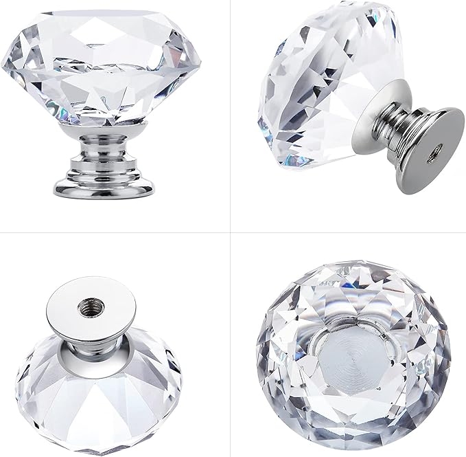 Ravinte 10 Pack Crystal Drawer Knobs - Glass Cabinet Knobs, Diamond Shaped, 30 mm with Silver Base