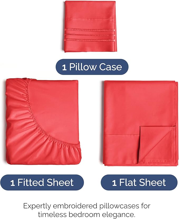 Twin XL Size 3 Piece Sheet Set - Comfy Breathable & Cooling Bed Sheets Set - Hotel Luxury Bedding for Women, Men, Kids, Teens, Boys & Girls - Deep Pockets, Ultra-Soft, Wrinkle Free - Oeko-Tex - Red