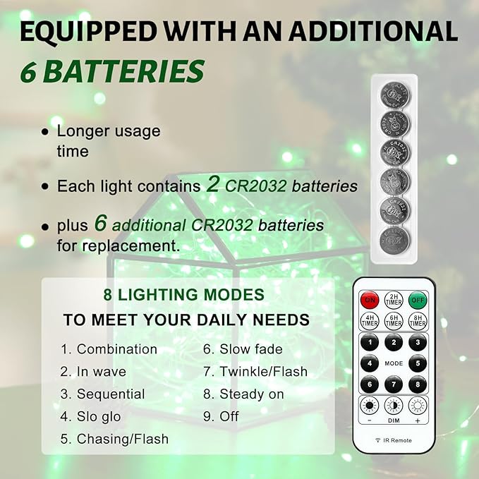 6PCS Green Fairy Lights Battery Powered with Remote, 7ft 20Leds Changing Twinkle String Lights with Timer, Waterproof Small Silver Wire Firefly Starry for DIY Wedding Party Christmas