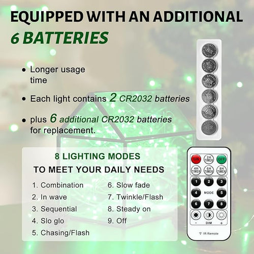 6PCS Green Fairy Lights Battery Powered with Remote, 7ft 20Leds Changing Twinkle String Lights with Timer, Waterproof Small Silver Wire Firefly Starry for DIY Wedding Party Christmas