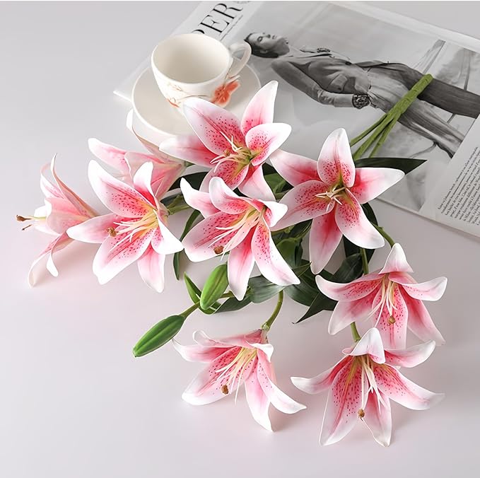 ASTRYAS 18 Heads Artifical Lily Flowers, Pink Artificial Stargazer Lilies with 18 Heads Full Bloom Lily & 6 Buds-Faux Lilies Flowers for Home Hotel Flower Arrangement Party Decor Cemetery（2PCS, Pink