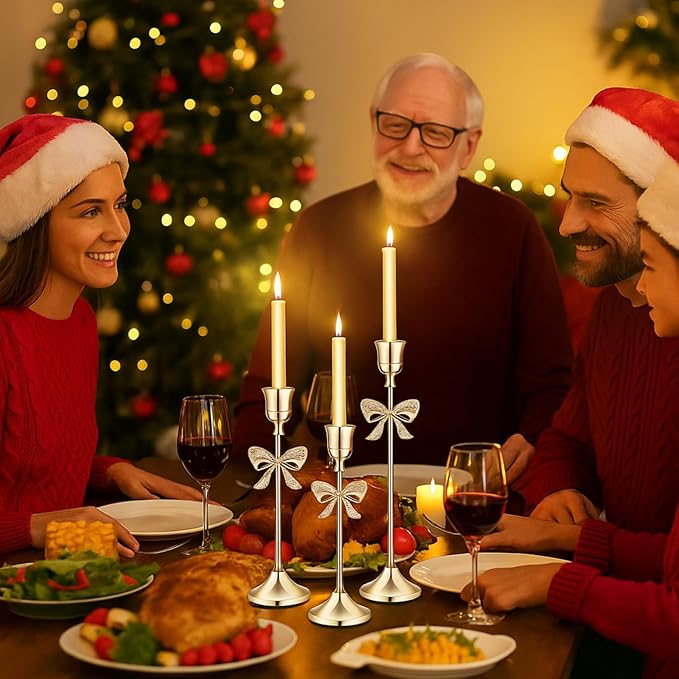 3 Pcs Christmas Candle Holders 3 Size Gold Taper Candlestick Holders Set Vintage Decorative Centerpiece for Table Mantel Wedding Housewarming Thanksgiving Gifts (Bowknot)