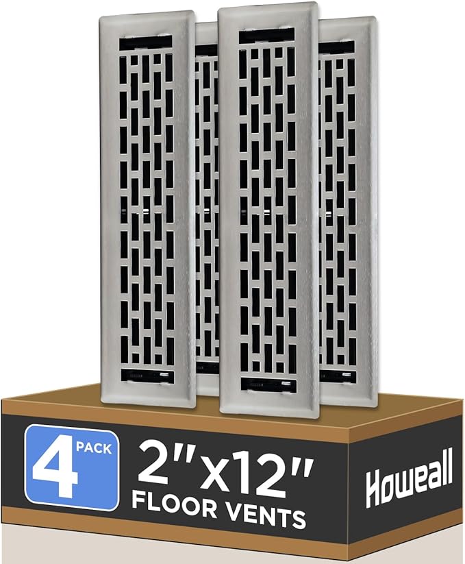 2x12 Inches 4 Pack Heavy Duty Walkable Floor Register - Easy Adjust Air Supply Lever Decorative Floor Vent Covers, Boston Design Vent Covers for Home - Satin Nickel