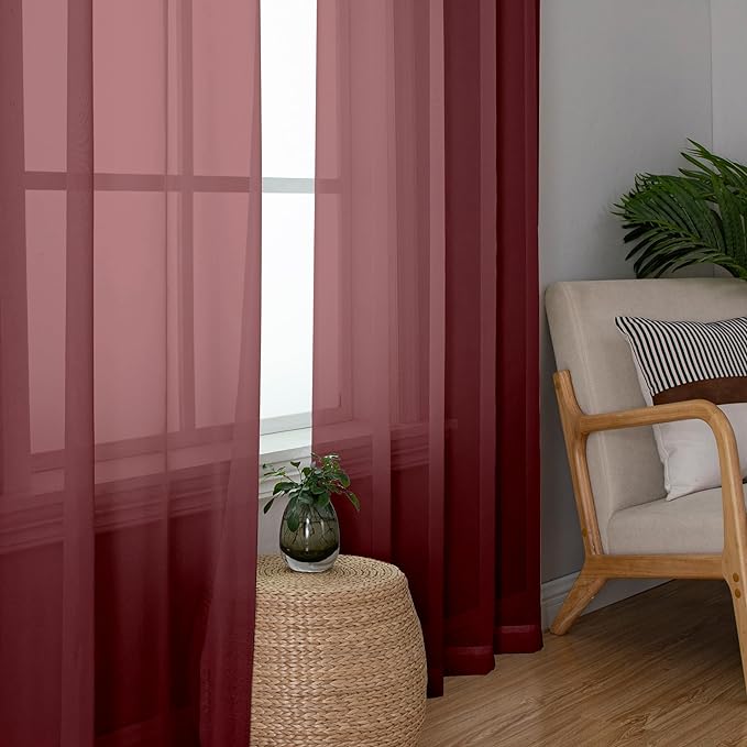 Aiyufeng 2 Piece Burgundy Sheer Curtains 84 Inch Length, Light Filtering Kitchen Curtain for Bedrrom/Living Room/Kitchen Window, Voile Top Dual Rod Pocket, 2 x 40 W x 84" L