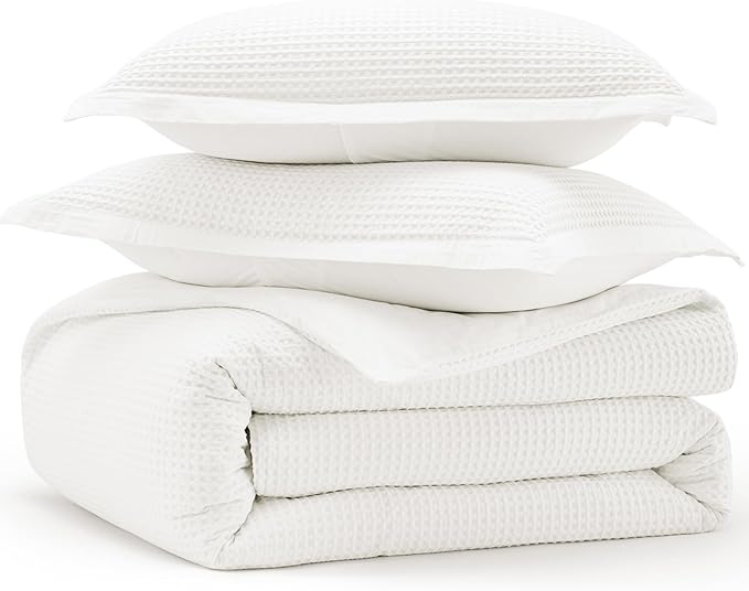 Bedsure Cotton Duvet Cover Queen - 100% Cotton Waffle Weave Coconut White Duvet Cover Queen Size, GentleSoft™ and Breathable Bedding Set for All Season, 3 Pieces, 90"x90"