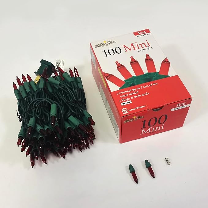 Brite Star 100 Count Mini String Christmas Lights, Red - 22 feet Indoor/Outdoor Christmas Tree Lights with Green Wire (Set of 2)