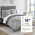 7 Piece Comforter Set Bag Solid Color All Season Soft Down Alternative Blanket & Luxurious Microfiber Bed Sheets, Full, Gray Plaid