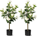 Artificial Camellia Tree 2 Pack, Artificial Plants Outdoor Faux Floral Plant in Cement Pot Fake Silk Camellia Tree Plants for Home House Living Room Office Decor