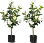 Artificial Camellia Tree 2 Pack, Artificial Plants Outdoor Faux Floral Plant in Cement Pot Fake Silk Camellia Tree Plants for Home House Living Room Office Decor