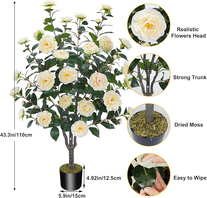 3.6FT Artificial Camellia Fake Tree, Artificial Plants & Flowers with 32 Yellow Pink Flowers for Door Front Decoration Porch Patio Living Room Office Indoor Outdoor Decoration (Contains Dried Moss)