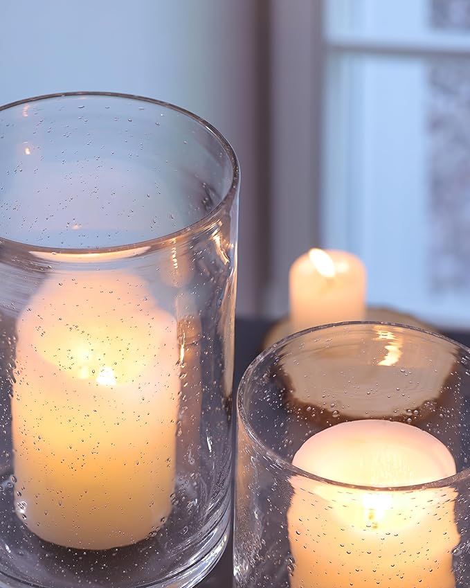 Large Hurricane Candle Holder Set of 3 Clear Candle Holders for Pillar Candles, Seeded Bubbles Glass Candle Holder for Table Centerpiece, Glass Cylinder Vases for Home, Patio and Wedding 10" 7" 4" H