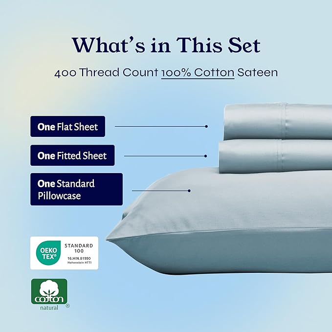 California Design Den Soft Twin Sheets Set - 400 Thread Count Sateen, Natural 100% Cotton Sheets, Deep Pockets, Cooling and Durable Bedding Set for Dorm Rooms & Adults - Sky Blue