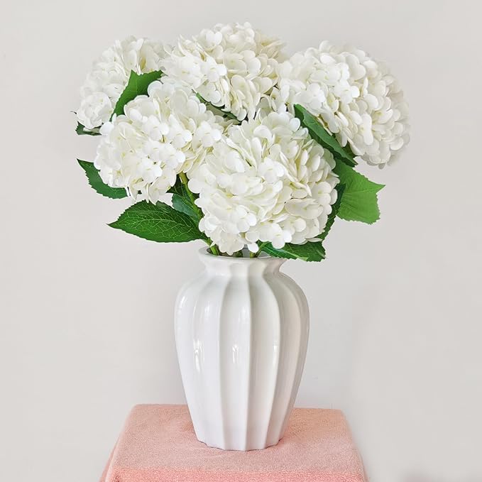 6 Pcs Real Touch White Hydrangea Artificial Flowers with Stems, Fake Silk Flowers for Outdoors, Artificial Flowers for Home Decor Wedding Bouquets Centerpieces Vase
