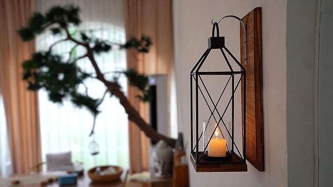 Homemory Wall Candle Sconce, Wood Rustic Candle Holder Decorative Candle Lantern with Glass Holder, Wall Decorations for Living Room, Dining Room