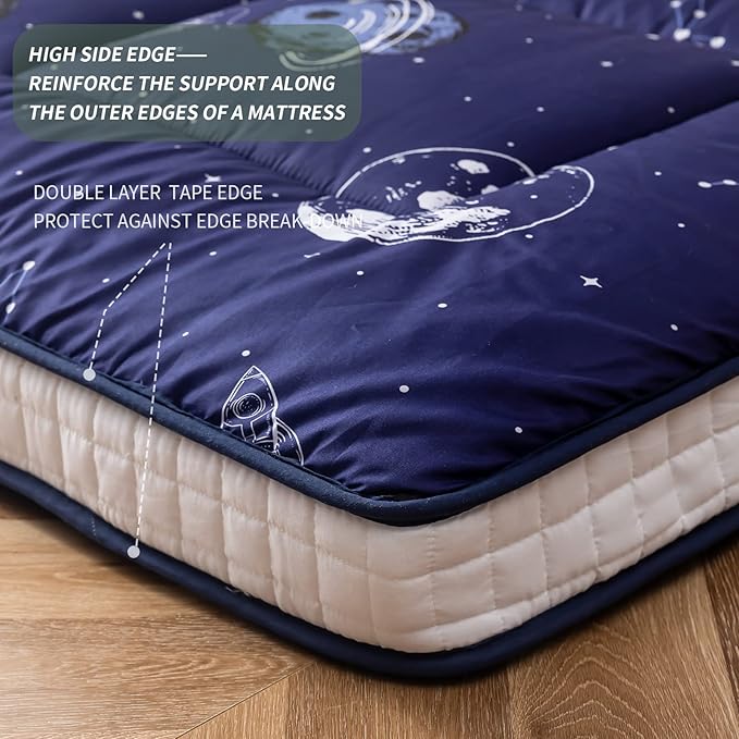 MAXYOYO Navy Space Adventure Futon Mattress, Japanese Floor Mattress Quilted Bed Mattress Topper, Extra Thick Folding Sleeping Pad Breathable Floor Lounger Guest Bed for Camping Couch, Full