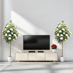 Artificial Camellia Tree 2 Pack, Artificial Plants Outdoor Faux Floral Plant in Cement Pot Fake Silk Camellia Tree Plants for Home House Living Room Office Decor