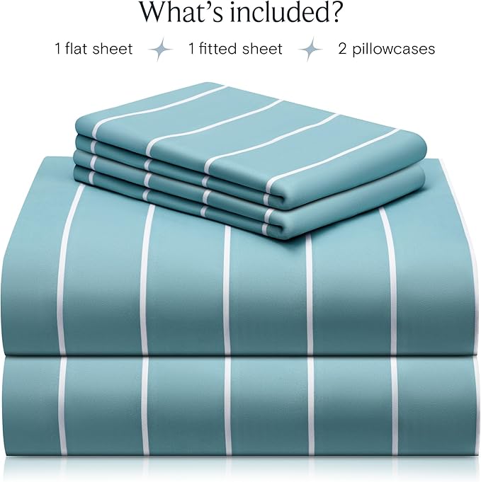 LuxClub 4 PC Queen Size Sheet Set Bed Sheets, Breathable Luxury Deep Pockets Wrinkle Free Cooling Sheets Machine Washable Hotel Bedding (Queen, Striped Light Blue)