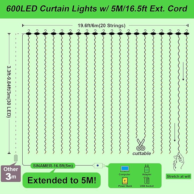 600LED Green Curtain Lights for Bedroom, 19.6ft x 9.8ft Fairy Curtain String Light with 24 Hooks, 8 Modes Hanging Lights for Wedding, Party, Backdrop, Window, Xmas Decor