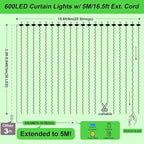 600LED Green Curtain Lights for Bedroom, 19.6ft x 9.8ft Fairy Curtain String Light with 24 Hooks, 8 Modes Hanging Lights for Wedding, Party, Backdrop, Window, Xmas Decor