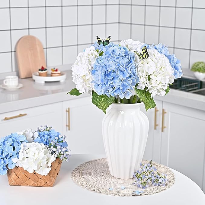 4Pcs Real Touch Hydrangea Artificial Flowers, Blue White Fake Hydrangea Flowers, 21" Lifelike Latex Faux Hydrangea Flowers for Wedding Bouquet Home Decor Centerpieces