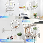 ALHAKIN 9" Wall Mounted Lighted Makeup Mirror, Rechargeable 1X/15X Magnifying Mirror with 3 Color Lights Dimmable, 360° Rotation, Nickel