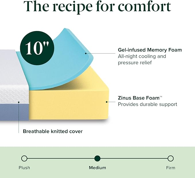 ZINUS 10 Inch Twin Cooling Essential Memory Foam Mattress [NewVersion], Fiberglass Free, Medium Feel, Breathable Cooling Layers, Certified Safe Materials