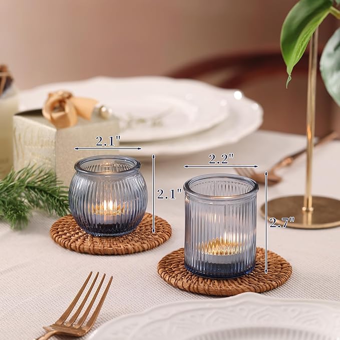 24pcs Assorted Blue Votive Candle Holders for Wedding Decorations, Ribbed Tea Lights Candle Holder Glass, Blue Candle Holders for Table Centerpiece, Party and Holiday Decorations