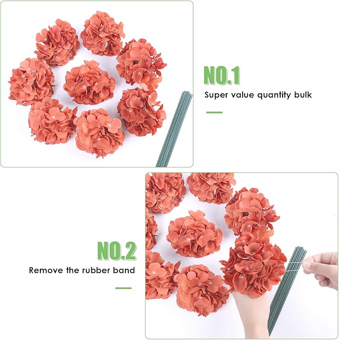 AVIVIHO 65pcs Burnt Orange Hydrangea Artificial Flowers Bulk (Not Squished) Realistic e Fake Hydrangeas Silk Flowers with Stems for Home,Weddings,Party Table Centerpieces,Arch,Florals Decorations