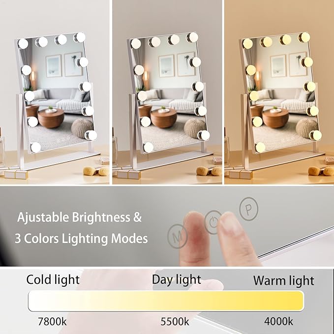 HIEEY Hollywood Makeup Mirror with 12 Dimmable Bulbs Lights, Three Color Lighting Modes, with 4in 20X Magnification Mirror, Smart Touch Control, 360°Rotation (White,Gift Box)