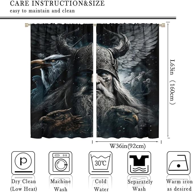 Fantasy Norse Viking Curtains for Bedroom - Cool Gothic Vintage Vikings Mystical Symbol Eagle Window Treatment,Energy Saving Thermal Insulated Rod Pocket Bedroom Blackout Curtains 2 Panels 63L x 36W