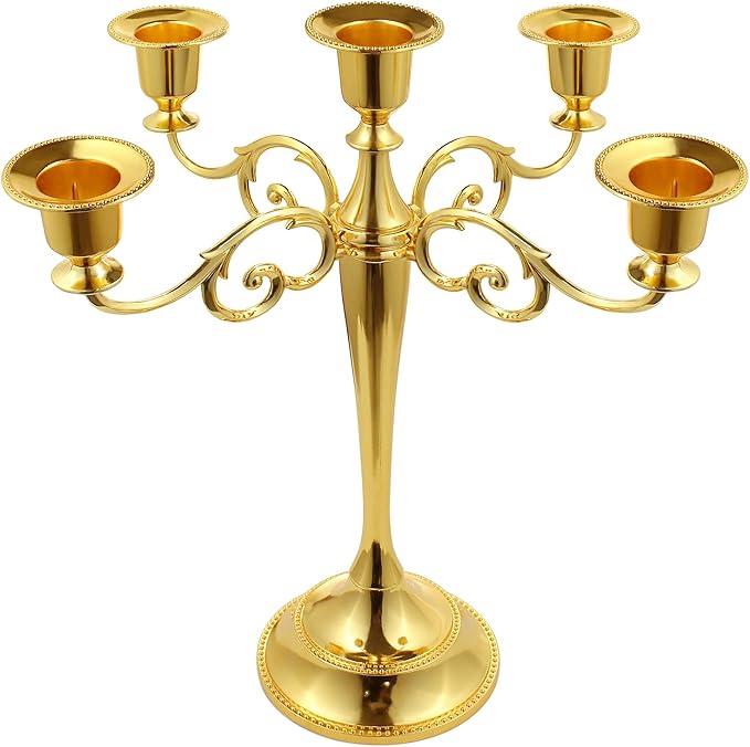 5-Candle Metal Candelabra 10.2 Inch Tall Candlestick Candle Holders for Home Decor Wedding Christmas Church Halloween Party, Gold