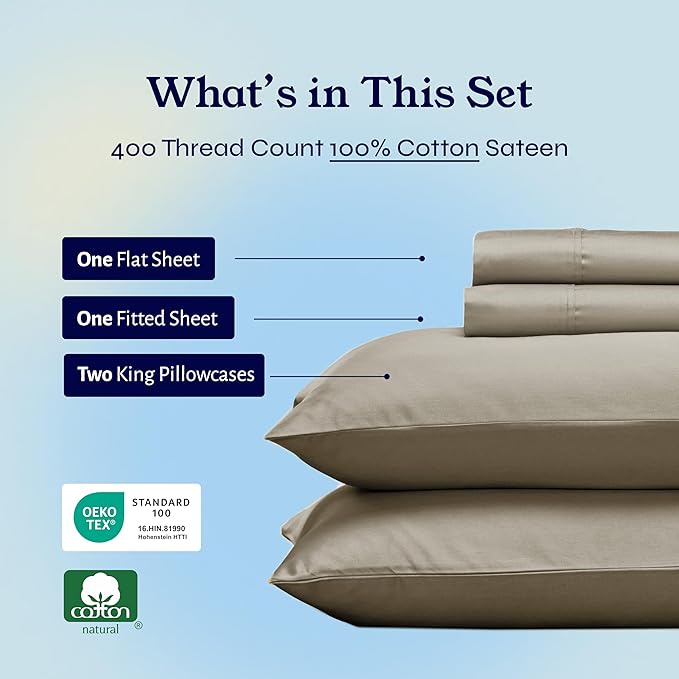 California Design Den California King Sheet Sets - Soft 400 Thread Count Sateen, 100% Cotton Sheets with Deep Pockets, Breathable, Cooling and Durable Bedding Set - Taupe