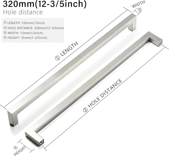 Cabinet Pulls Brushed Nickel Cabinet Handles Square Drawer Pulls, 30 Pack 12-3/5 Inch Stainless Steel Kitchen Door Cupboard Handles, Cabinet Hardware Drawer Handles, 320mm Hole Centers