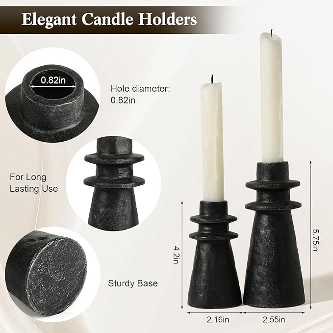Antique Black Handcrafted Iron Taper Candle Holders - Set of 2 Decorative Candle Stands for Weddings, Dining, and Parties