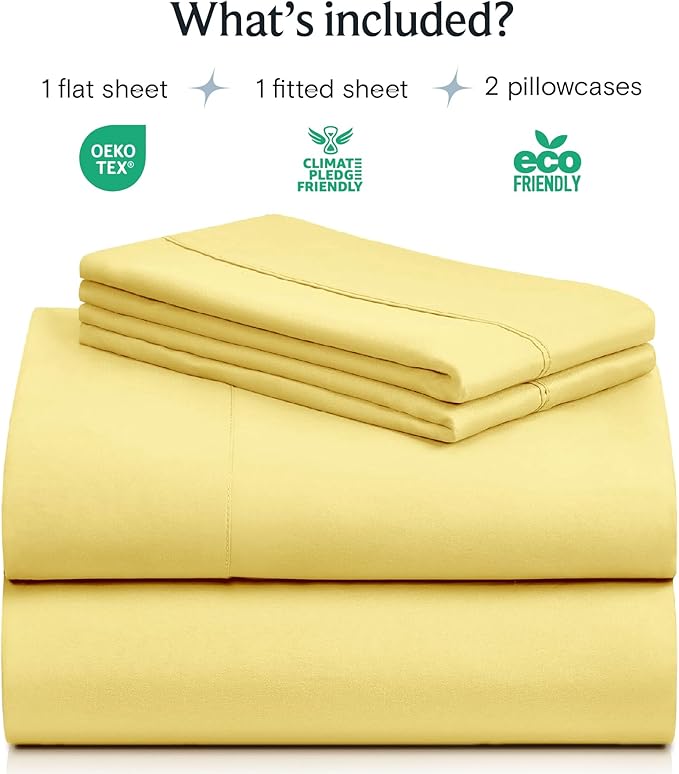 LuxClub 4 PC Sheet Set Bed Sheets Deep Pockets 16" Eco Friendly Wrinkle Free Cooling Machine Washable Hotel Bedding Silky Soft - Lemon Full