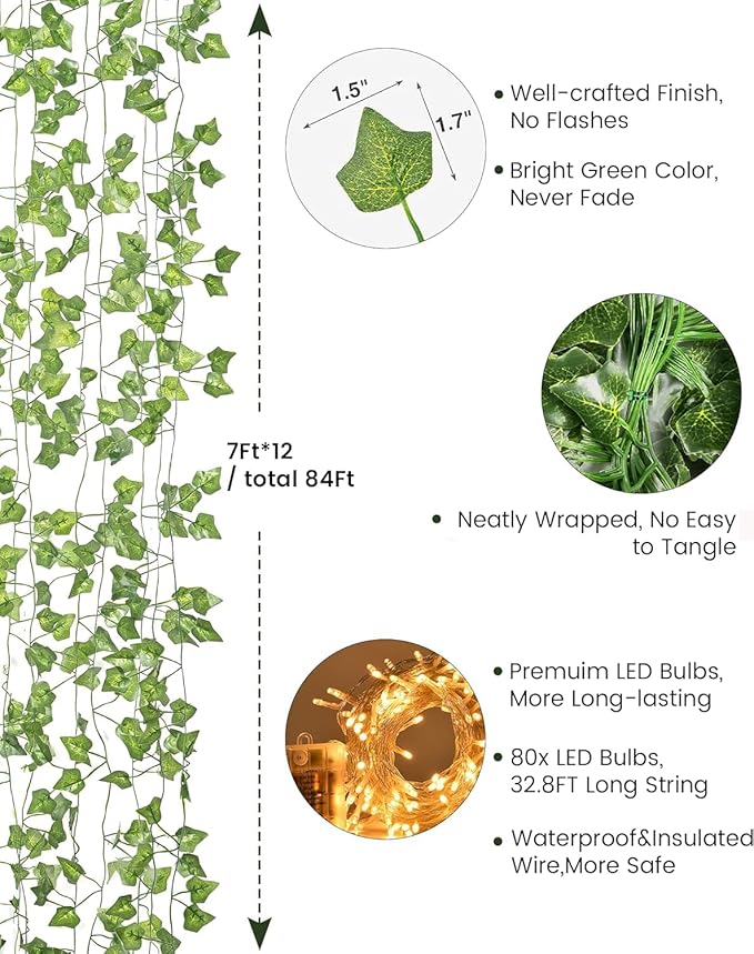 JACKYLED 84Ft 12 Pack Artificial Ivy Garland Fake Plants, Ivy Vines Leaves with CE Certified 80 LED String Lights, Hanging Ivy Lights for Bedroom Garden Party Wall Room Decor