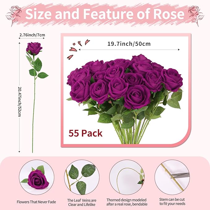52 PCS Purple Artificial Roses Bulk, Fake Artificial Flowers Bridal Bouquet Silk Faux Rose with Stems for Wedding Flowers Decoration, Valentine's Day, Bridal Bouquet, Anniversary, Home Decor (52PCS)