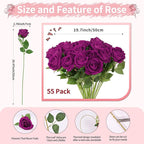 52 PCS Purple Artificial Roses Bulk, Fake Artificial Flowers Bridal Bouquet Silk Faux Rose with Stems for Wedding Flowers Decoration, Valentine's Day, Bridal Bouquet, Anniversary, Home Decor (52PCS)